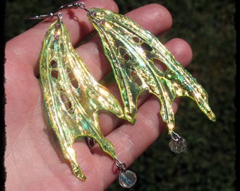 Yellow Green Dragon Faery Wing Earrings - Ready to Ship - Gothic Fantasy Holographic Halloween Gift Cosplay Festival