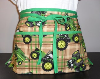 Waitress/utility/vendor apron with 3 pockets. John Deere tractors on a plaid background.