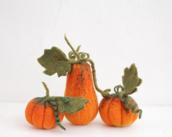 Set of Three needle felted pumpkins, Halloween Thanksgiving home decor, rustic decorations.