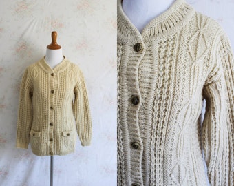 Vintage 60s Fisherman Cardigan, 1960s Wool Sweater, Cable Knit, Cowichan