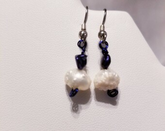 Fresh Water Pearl Earrings - Blue & White