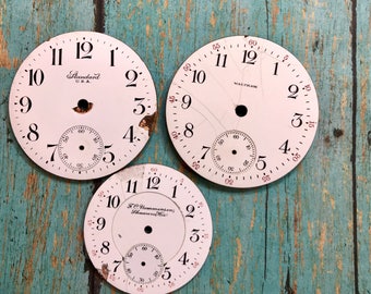 Vintage Porcelain POCKET Watch Faces (3) for Steampunk and Altered Art- Black and White Numbers- Watch Dials- D22