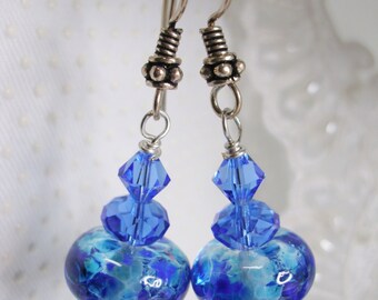 Blue Dream SRA Lampwork Earrings with Swarovski elements and SS 925 Earrings, Blue Earrings, Ethereal earrings