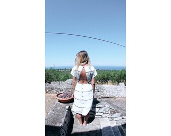 White dress, dress with stripes, open back dress, midi dress, summer dress, romantic dress, cotton dress, lightweight dress, elegant dress.