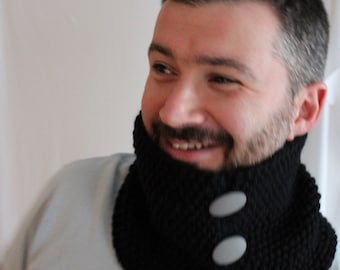 Black Snood and Gloves - Black Snood - Knitted Black Scarf - Mens Scarf - Ready to ship
