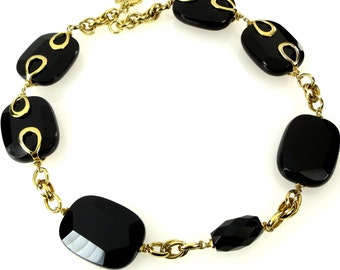 Vintage Chunky Black Glass Necklace Huge Faceted Beads with Gold Tone Accents