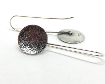Long Argentium Silver Disc Earrings, Textured, Oxidized Disc Earrings Silver Circle Earrings, Long Silver Dangle Earrings