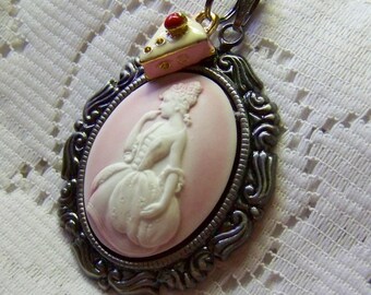 Let Them Eat Cake Necklace, Marie Antoinette Necklace, Pink & White Lady Cameo Necklace, Cake Charm, French Lady, Southern Lady