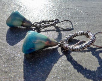 Rustic Silver Hoop Earrings With Turquoise Porcelain Bells And Hypoallergenic Niobium Ear Wires - Boho - Gypsy - Ready To Ship