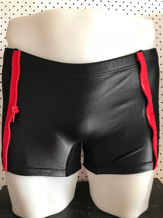 INTRODUCING our Mens euro swim truck brand: ROGUEswim ** BLACKlight swim short with RED zipper side panel detail