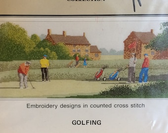 Counted Cross Stitch Chart - GOLFING - A Heritage Stitchcraft publication.