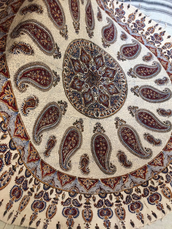 Traditional 60" inches round tablecloth , block printed calico paisley tapestry , natural dyes with tassels
