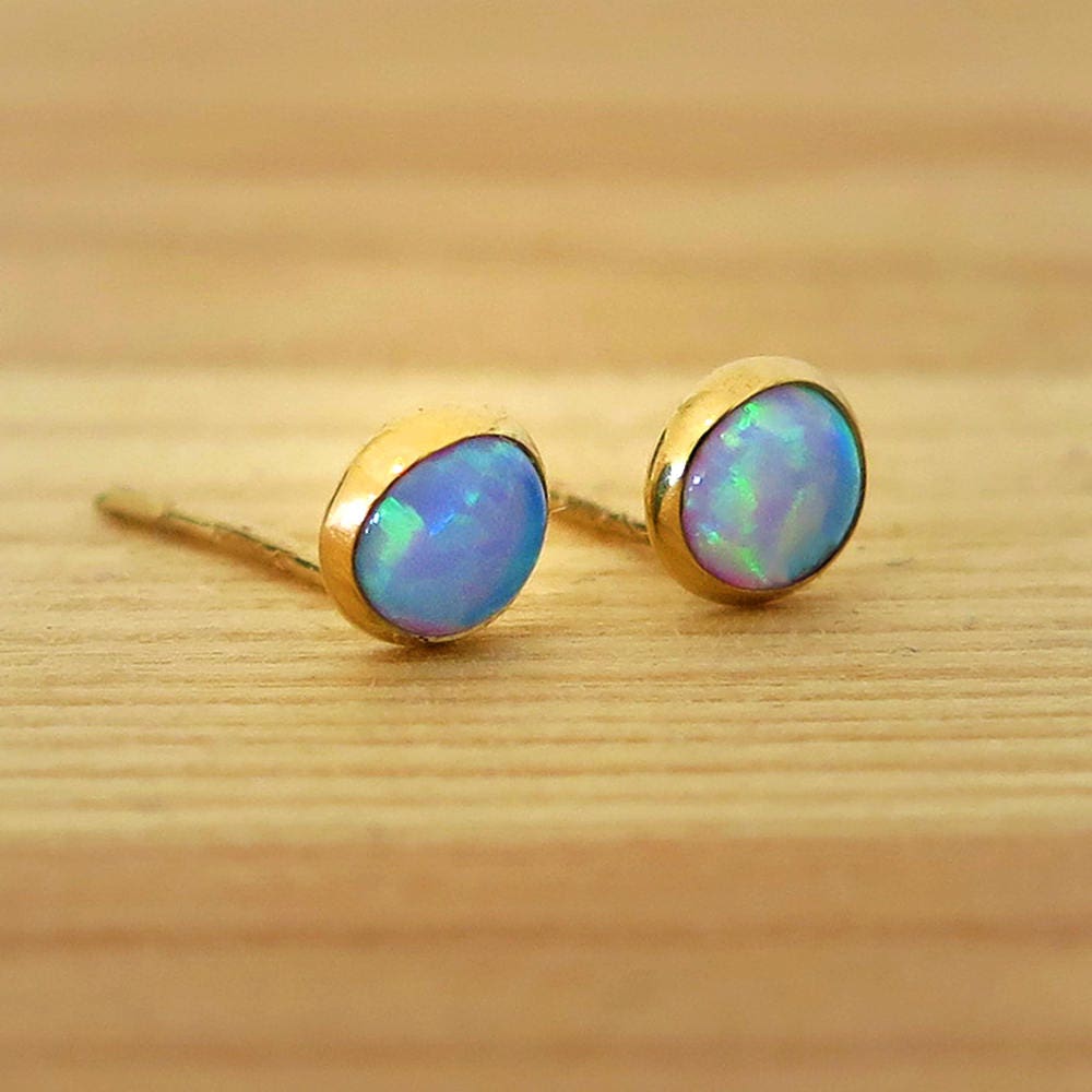 14K Gold Opal Studs Blue Opal Earrings Gold Stud Earrings