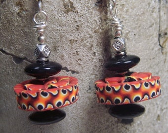 Swirling Fire Stacker Bead Earrings- Handmade Polymer Clay