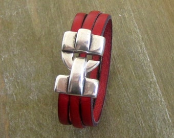 Man, red, silver plated hook clasp leather bracelet. Gift for coworker