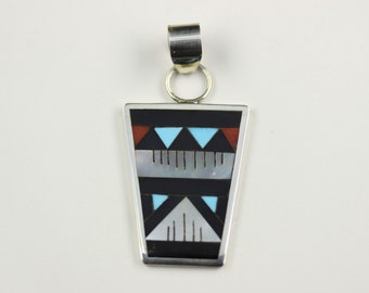 Native American Indian Jewelry Handmade Sterling Silver Zuni Inlay Pendant