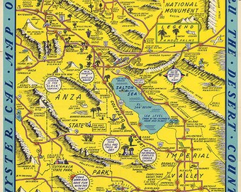 Map of Palm Springs, California. Vintage restoration hardware home Deco Style old wall reproduction map print.