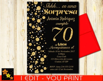 SPANISH 70th Birthday Surprise Invitation, Black and Gold Confetti, DIY, 5x7 or 4x6