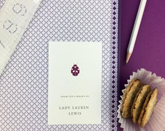 Children's Bookplate Stickers, Gift for Kids, Personalized Children's book labels, Kids Reading Gift, Boxed Set of 16, Purple Ladybug