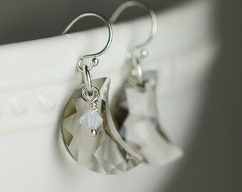 Celestial jewelry - Moon Earrings - Gift for her - Sterling silver Crystal earrings - Gray moons - Dangle earrings - Under 25 - Gift for mom