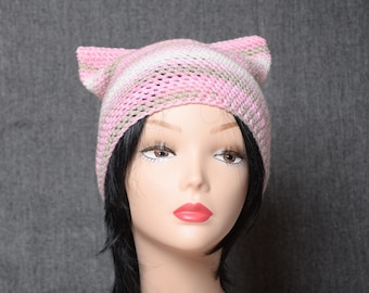 crochet pink cat hat women gift for girlfriend animal hat pink cat beanie hat cute accessories cat ear hat