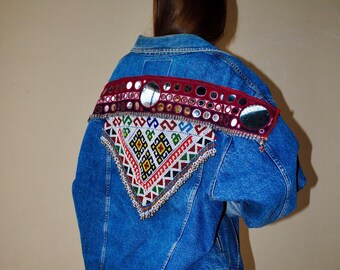 Ethnic denim jacket, gypsy denim jacket, tribal jacket, cuatom jacket, festival jacket, vintage denim jacket