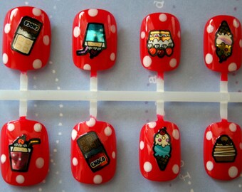 Kawaii Candy Shop Nails | Candy Press On Nails | Polka Dot Ice Cream Nails | Short Fake Nails | Harajuku Japanese Style Sweets Nails