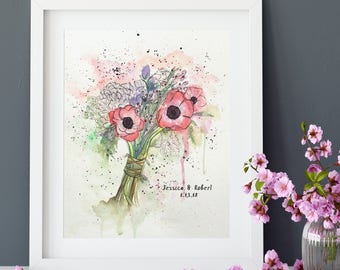 Custom Wedding Bouquet Painting - Bridal Bouquet Watercolor Art - Custom Flower Illustration - Gift for Wife First Wedding Anniversary