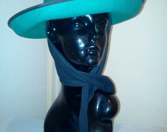 Vintage 80's Stunning Teal Fedora Hat & Attached Scarf