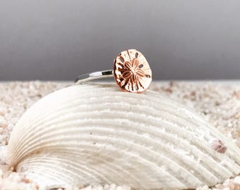 Sand Dollar Ring stacking ring, Beach Ring, Nautical Ring, Tinny Sand Dollar, Hammered Ring, Gift for Her
