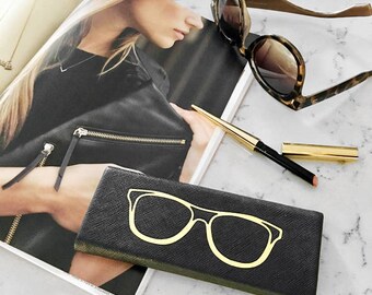 Black Foldable Hardback Sunglass & Eye Glass Travel Case: Gold Foiled Design