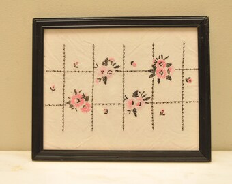 Vintage Floral Needlepoint Pink Black Frame 1950s