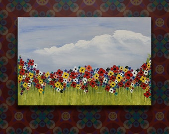 Original Flower Field Abstract Acrylic Painting on Stretched Canvas