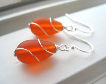 Orange Earrings - Wire Wrapped Earrings - Cultured Sea Glass Jewelry - Wire Wrapped Jewelry - Orange Earrings - Orange Jewelry