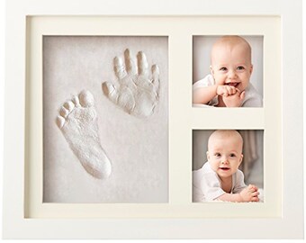 Baby Handprint Kit by Laura Baby! SPECIAL NO MOLD Version! Picture Frame (White) Non Toxic Clay! Footprint kit, best baby shower gifts!