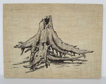 Wood Tree Stump Screen Print Picture on Fabric - Marushka style