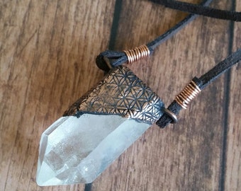 Flower of Life Print Quartz Point Copper Healing Necklace. Electroformed pendant. Unique Crystal Jewelry.