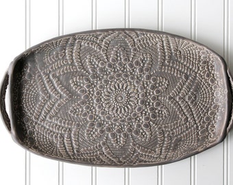 New! Charcoal Pottery Tray - Deep Gray Lace - Ceramic Appetizer Plate - Serving Tray