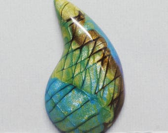 Faux Labradorite Paisley or Flame Shaped Designer Cabochon, Green Blue, Yellow and Brown