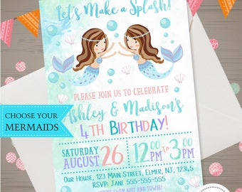 Mermaid Birthday Invitation Watercolor Mermaid Invitation Under the Sea Party Splash Bash Invite Mermaid Pool Party Twins Siblings Teal Pink