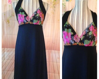 Vintage 70's Black Halter Maxi Dress with Floral Top
