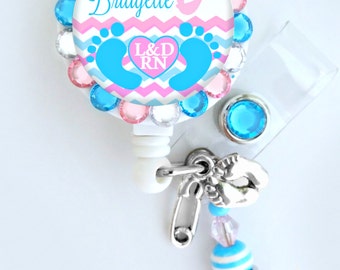Labor and Delivery Nurse ID badge reel, baby feet badge Holder (E60)