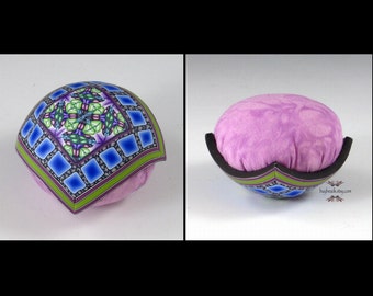 Polymer Clay Pincushion, Handmade, Lime Green, Cornflower Blue, Purple