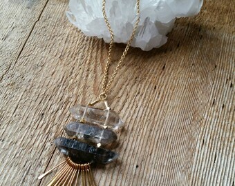 Large double terminated quartz crystal ladder necklace with gold fringe