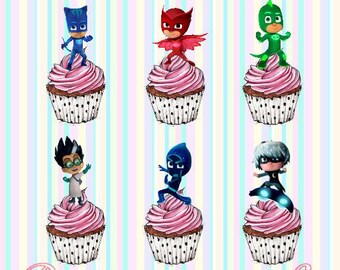 24x PJ Masks Stand-Up, Pre-Cut, Wafer Paper Cupcake Toppers