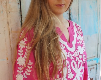 Hand Embroidered Cerise Pink Mexican Kaftan Maxi Dress S, M, L, XL