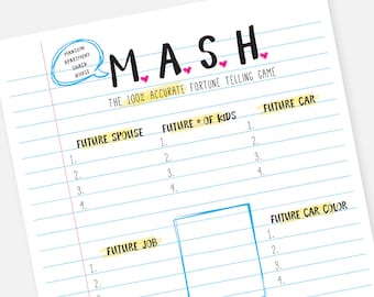 MASH Printable Party Game - Instant Download Bridal Shower Sleepver Slumber Party Bachelorette Game