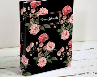 Personalized Floral Journal - Pink Roses Writing Journal - Black or White - Blank Book, Hardcover Notebook, Diary - Gift for Women