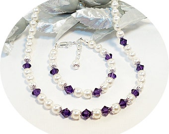 Dark Purple Necklace and Bracelet, Flower Girl, Lapis, Pearl Jewelry, Toddler Jewelry, Kids Jewelry, Purple Necklace, Purple Bracelet