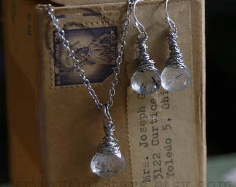 Scribble - Strung-Out guitar string necklace and earring set with rutilated quartz